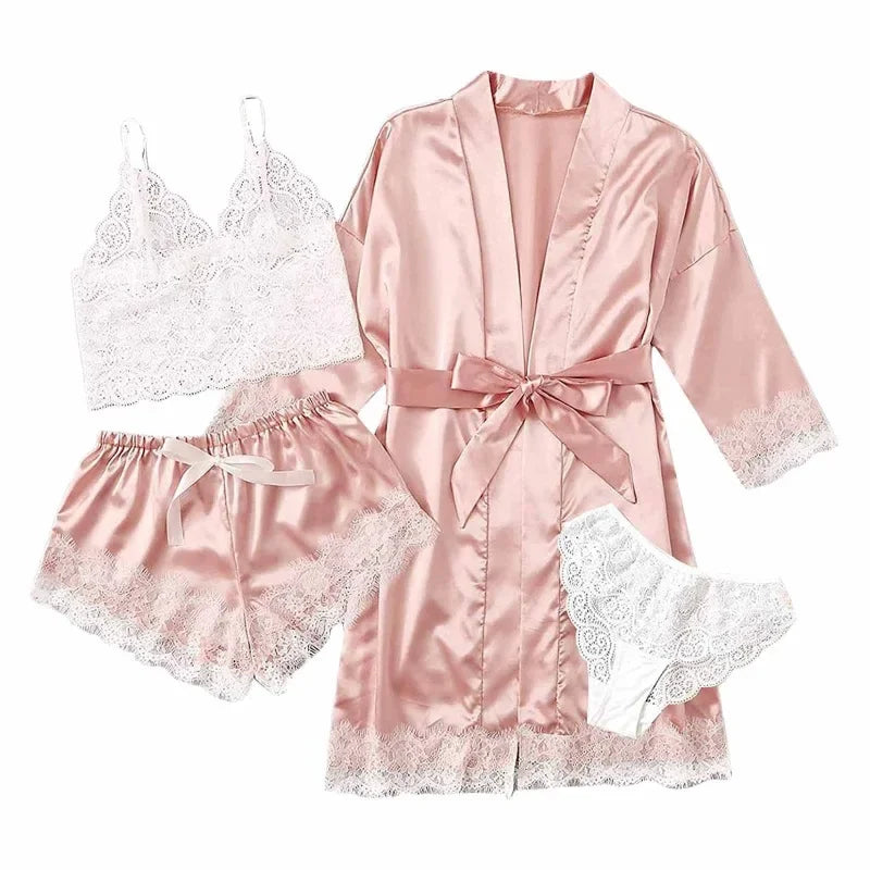 Conjunto pijama feminino sexy - 4 peças - Cetim e renda. Aproveite agora e eleve suas noites!