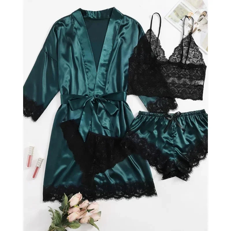 Conjunto pijama feminino sexy - 4 peças - Cetim e renda. Aproveite agora e eleve suas noites!