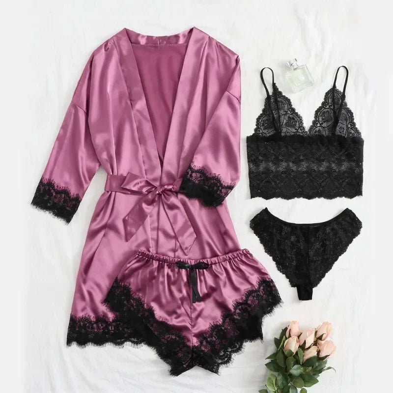 Conjunto pijama feminino sexy - 4 peças - Cetim e renda. Aproveite agora e eleve suas noites!