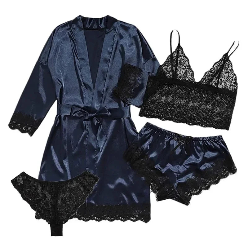 Conjunto pijama feminino sexy - 4 peças - Cetim e renda. Aproveite agora e eleve suas noites!